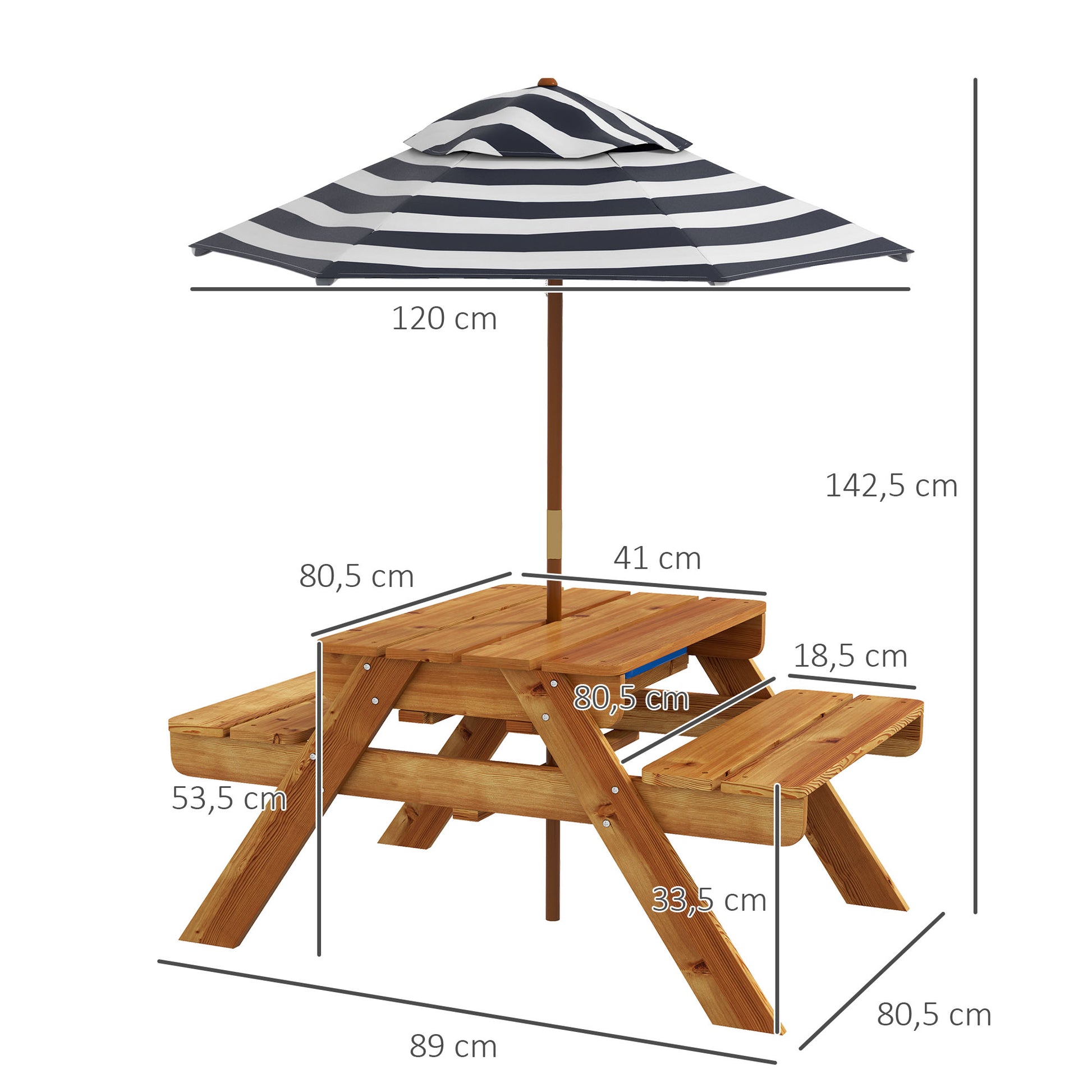 Outsunny Mesa De Picnic Para Niños Con Sombrilla Y Arenero 89x80,5x142,5 Cm Teca_2