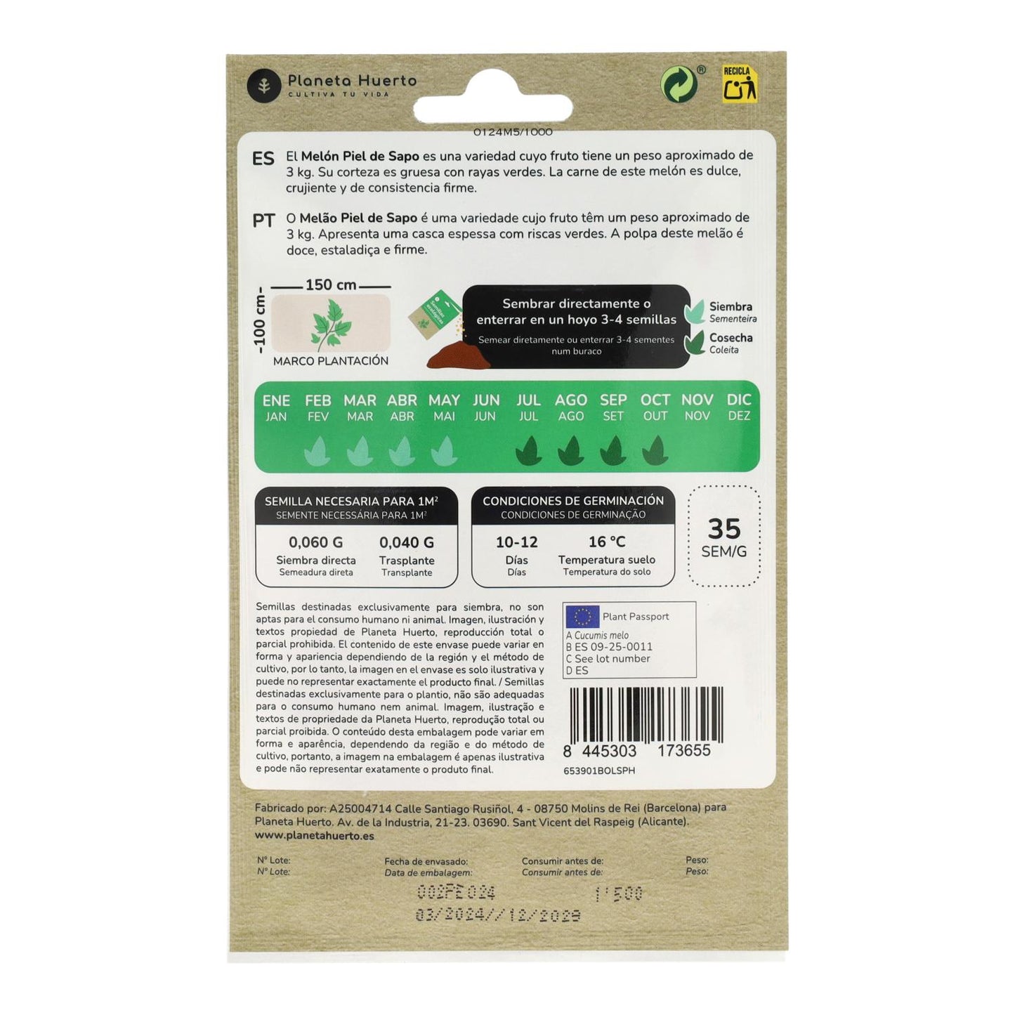Sementes de Melão Piel de Sapo Biológicas Planeta Huerto