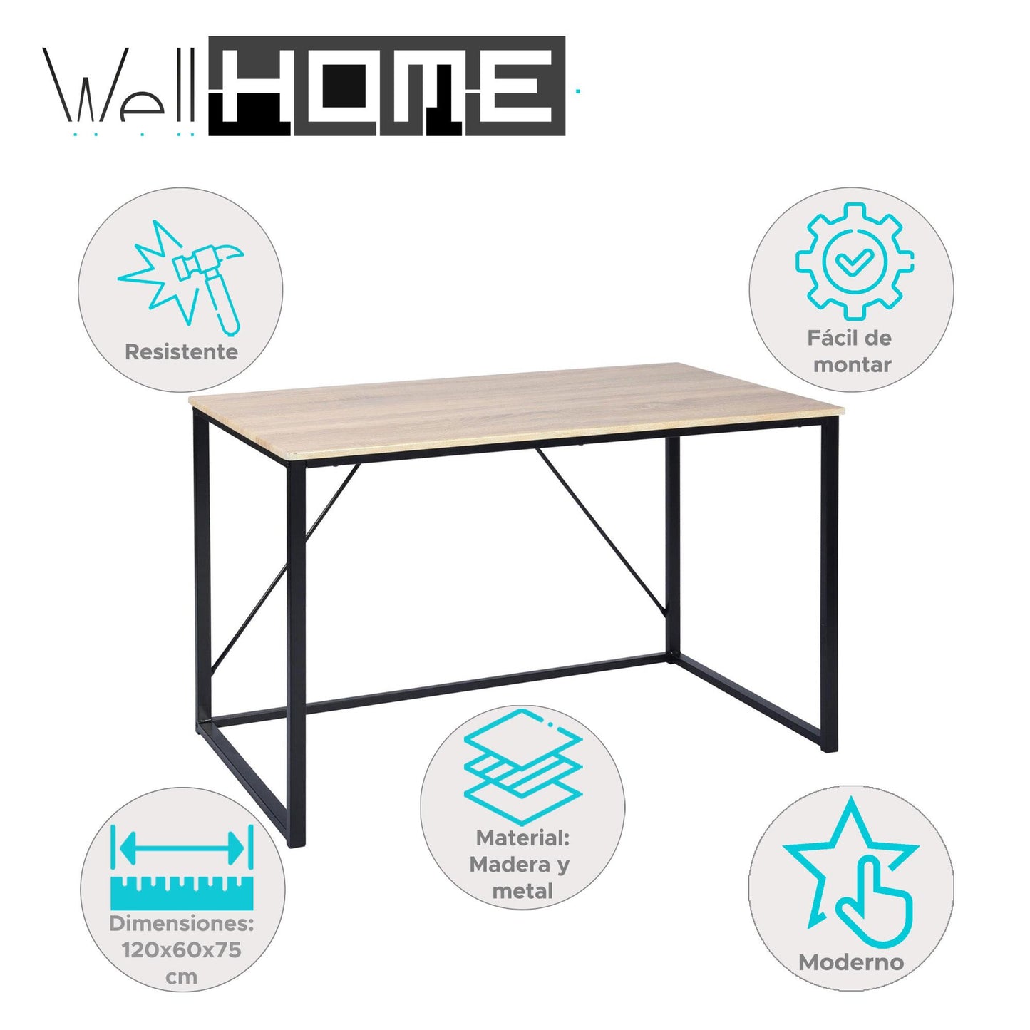 Well Home Escritorio De Estructura Negra Con Tapa De Haya H.75cm_1