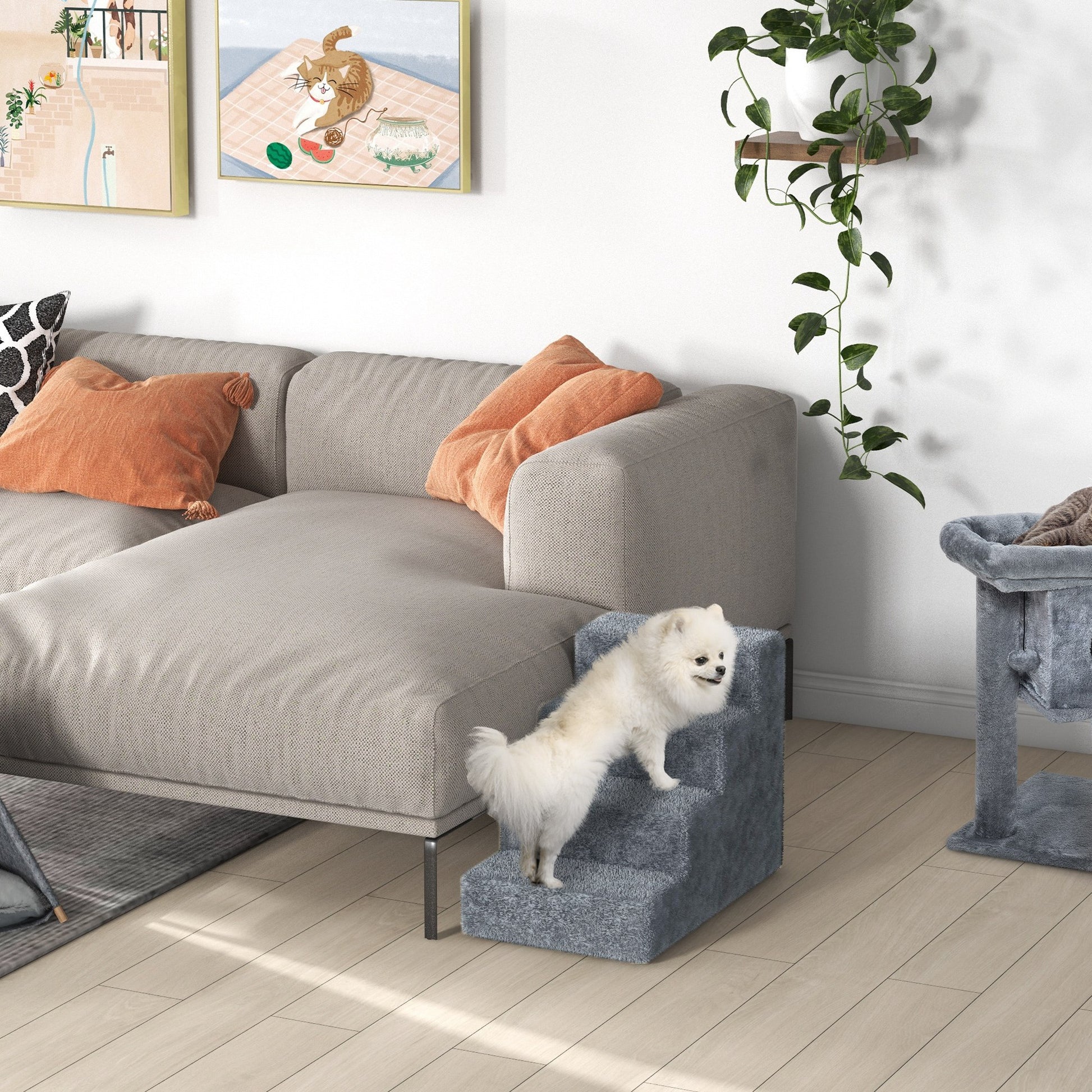 Pawhut Escalera Para Mascotas De 4 Peldaños Con Funda Extraíble 60x35x44 Cm Gris_4