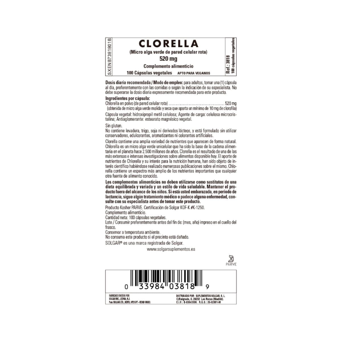 Chlorella (Parede Celular Quebrada), 100 cápsulas de 520 mg