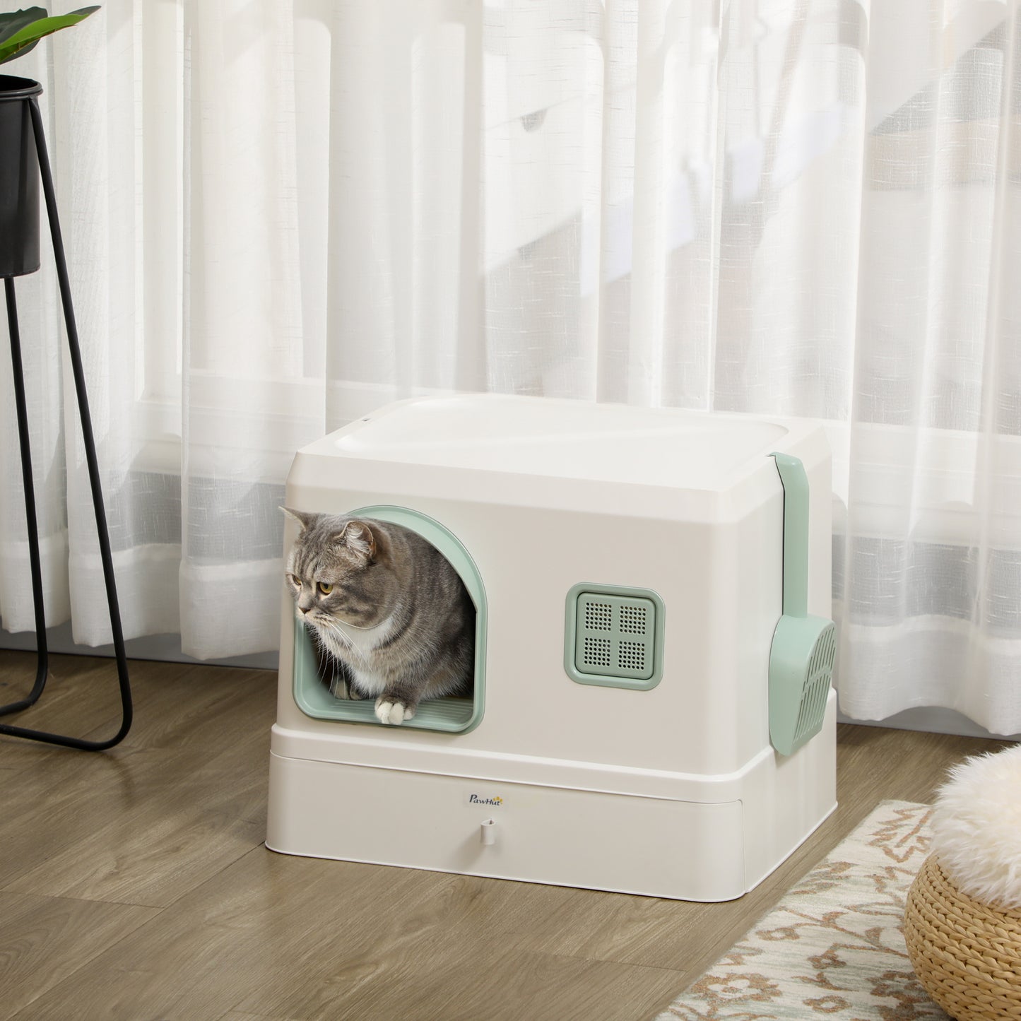 Pawhut Arenero Cerrado Para Gatos Con Bandeja Extraíble Pala 50x40x40 Cm Blanco_1