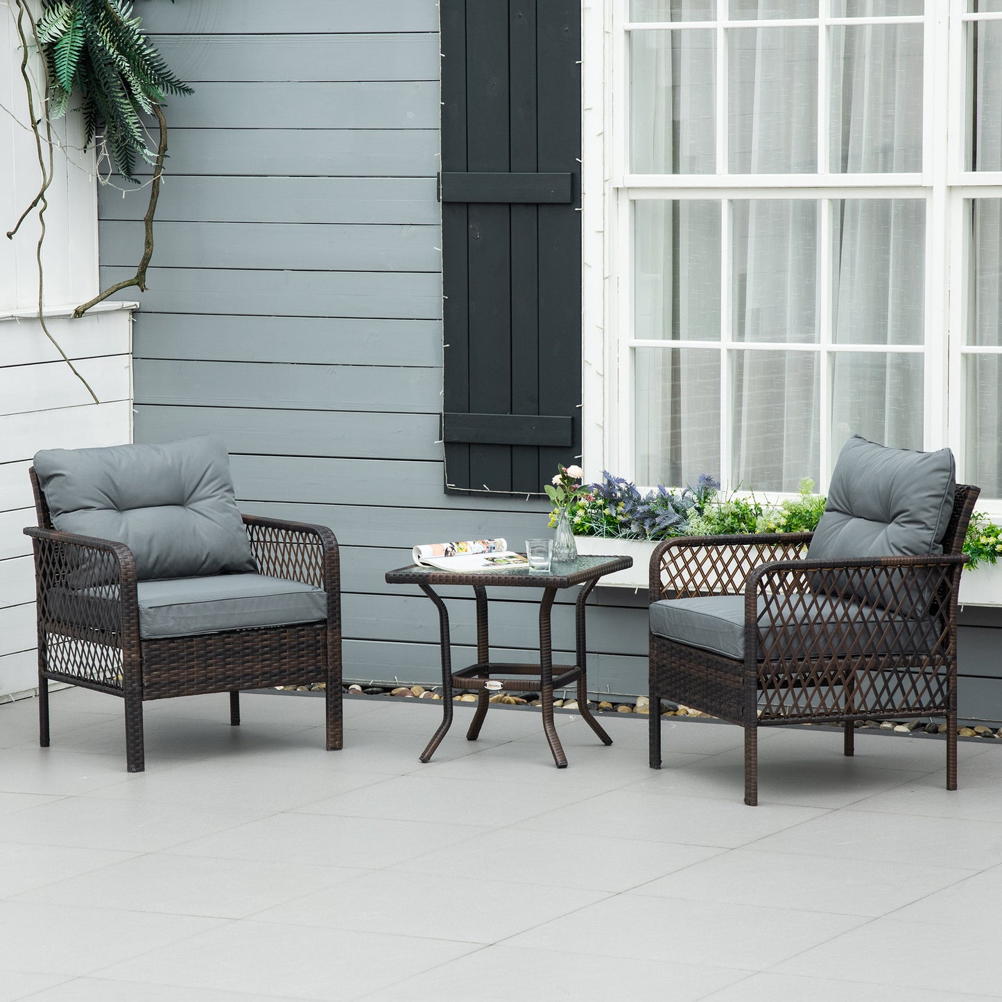 Outsunny Conjunto De Muebles De Ratán Jardín 2 Sillones Y Mesa De Vidrio Marrón_1
