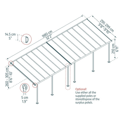 Pérgola anexa Sierra 299x980 cm cinzento 