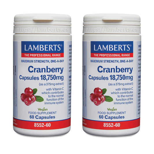 Embalagem 2x Cranberry 18.750 mg, Lamberts, 60 cápsulas