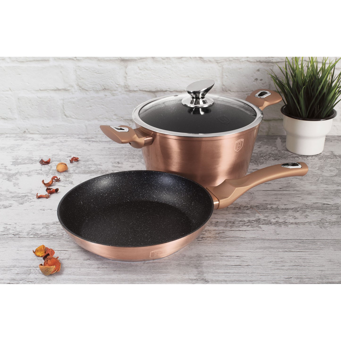 Batería De Cocina Aluminio Forjado Antiadherente Sin Pfoa, Set 2 Cacerolas, 1 Sartén, Tapas Berlinger Haus Rose Gold Oro Rosado_2