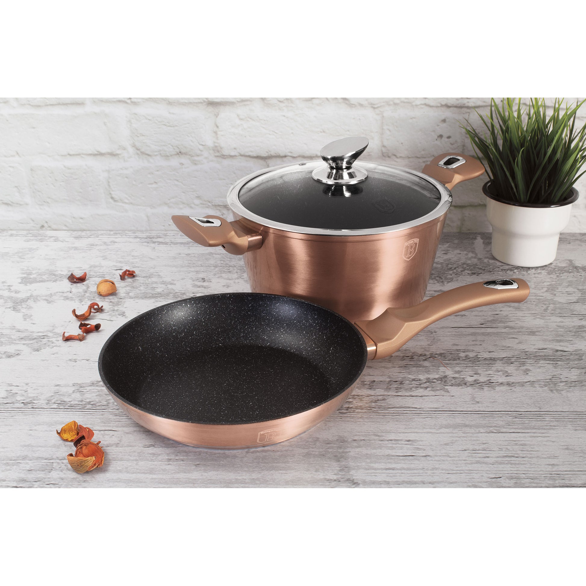 Batería De Cocina Aluminio Forjado Antiadherente Sin Pfoa, Set 2 Cacerolas, 1 Sartén, Tapas Berlinger Haus Rose Gold Oro Rosado_2