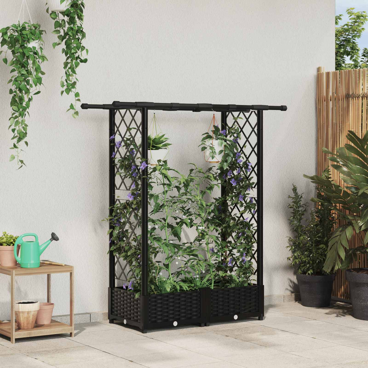 Cama Elevada Con Trellis Y Techo Negro 122,5 X 40 X 121 Cm Pp_1