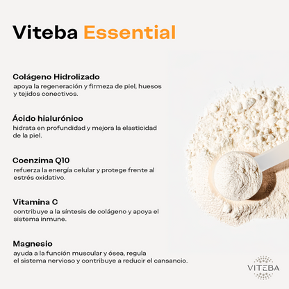 Viteba Colágeno Hidrolizado Essential en polvo 330 g + Ácido Hialurónico + Coencima Q10 + Magnesio │ SIN sabor NI olor