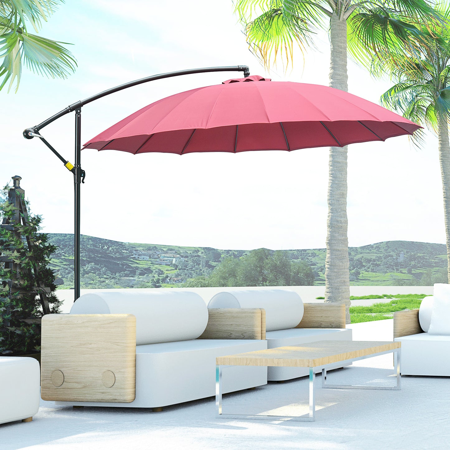 Outsunny Sombrilla Jardín Ø300 Cm Con Manivela Manual Base Cruzada Rojo_4