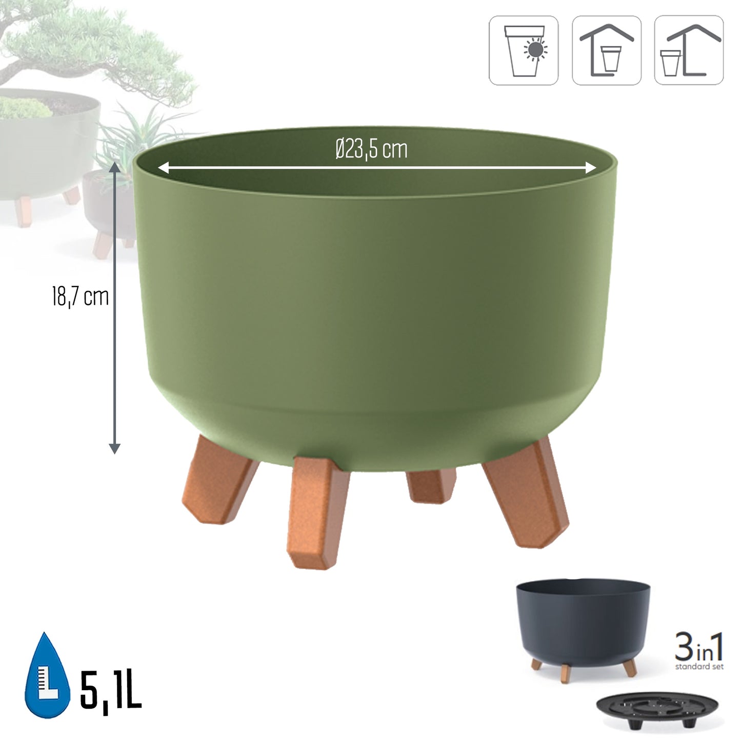 Macetero Color Verde Tierra,sin Depósito , Colección Gracia De 23,8cm X 23,8cm X 18,7cm Cm, Capacidad De 5,1 L.