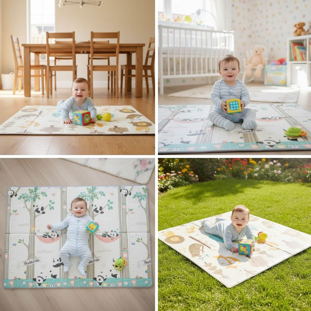 Bathby | Alfombra Plegable Para Bebé 200 × 180 Cm, Reversible Pandas/bosque_3