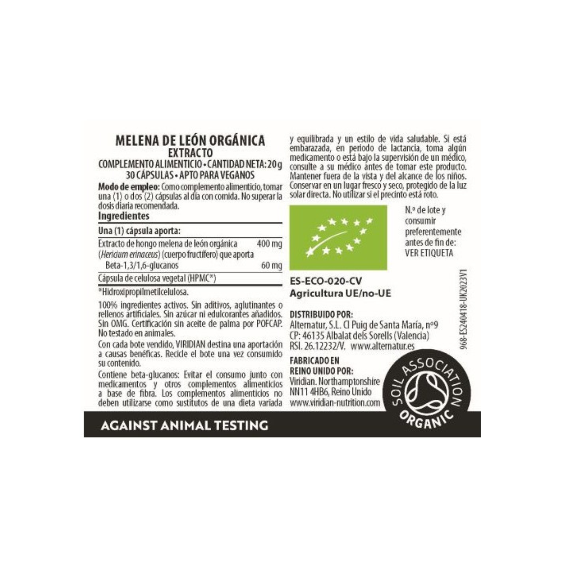Extrato de Juba de Leão Orgânico Viridian 30 Cápsulas