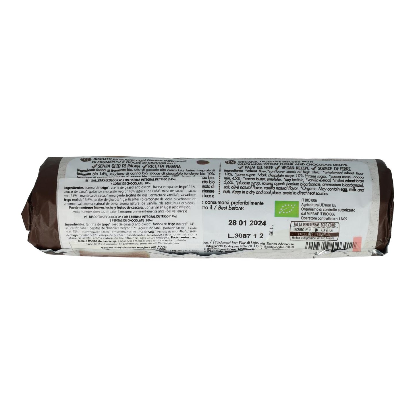 Biscoitos Digestivos com Gotas de Chocolate Fior di loto Tubo 250 gr 