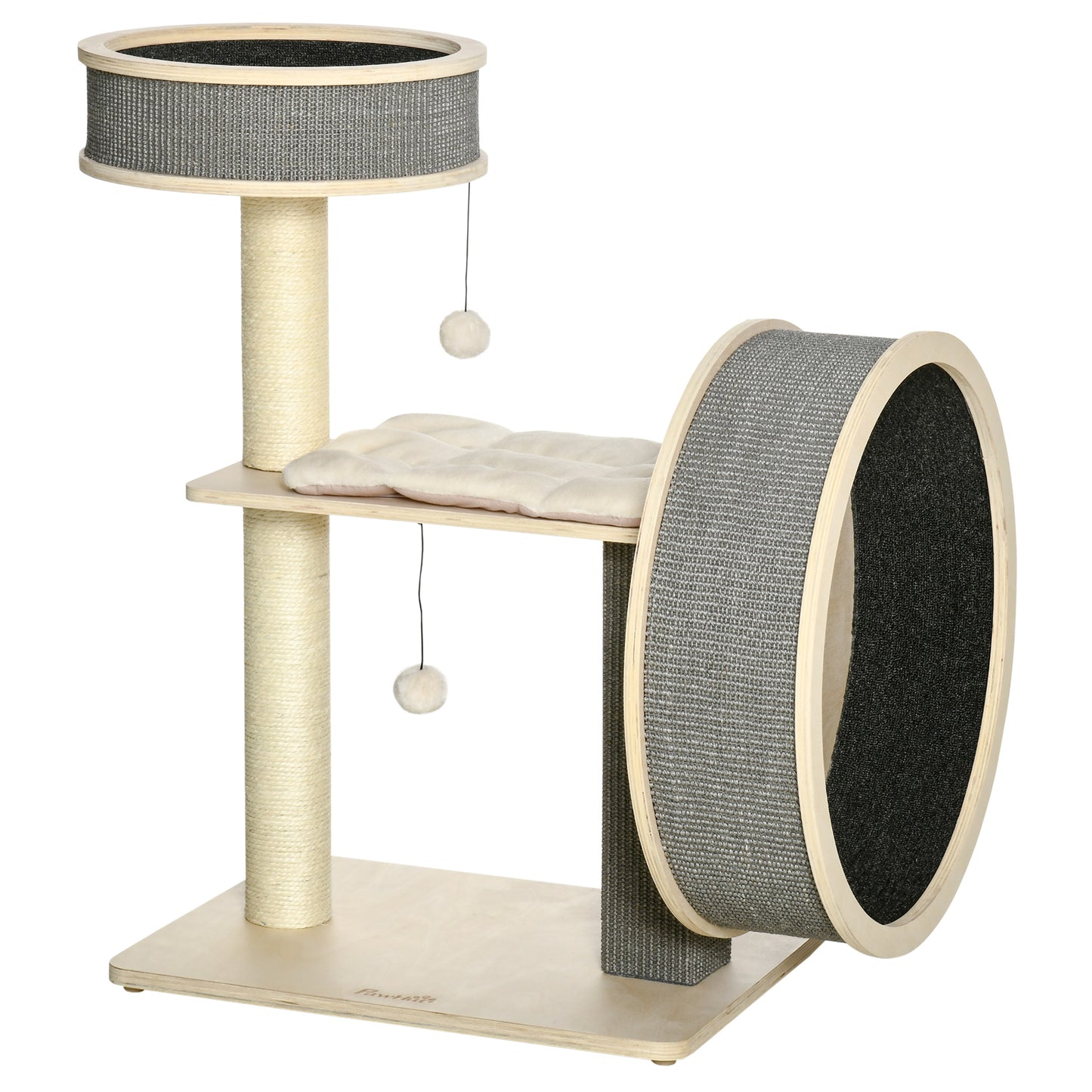 Pawhut Árbol Rascador Para Gatos Mediano 91 Cm Con Rueda Para Ejercitar Y Cama_0