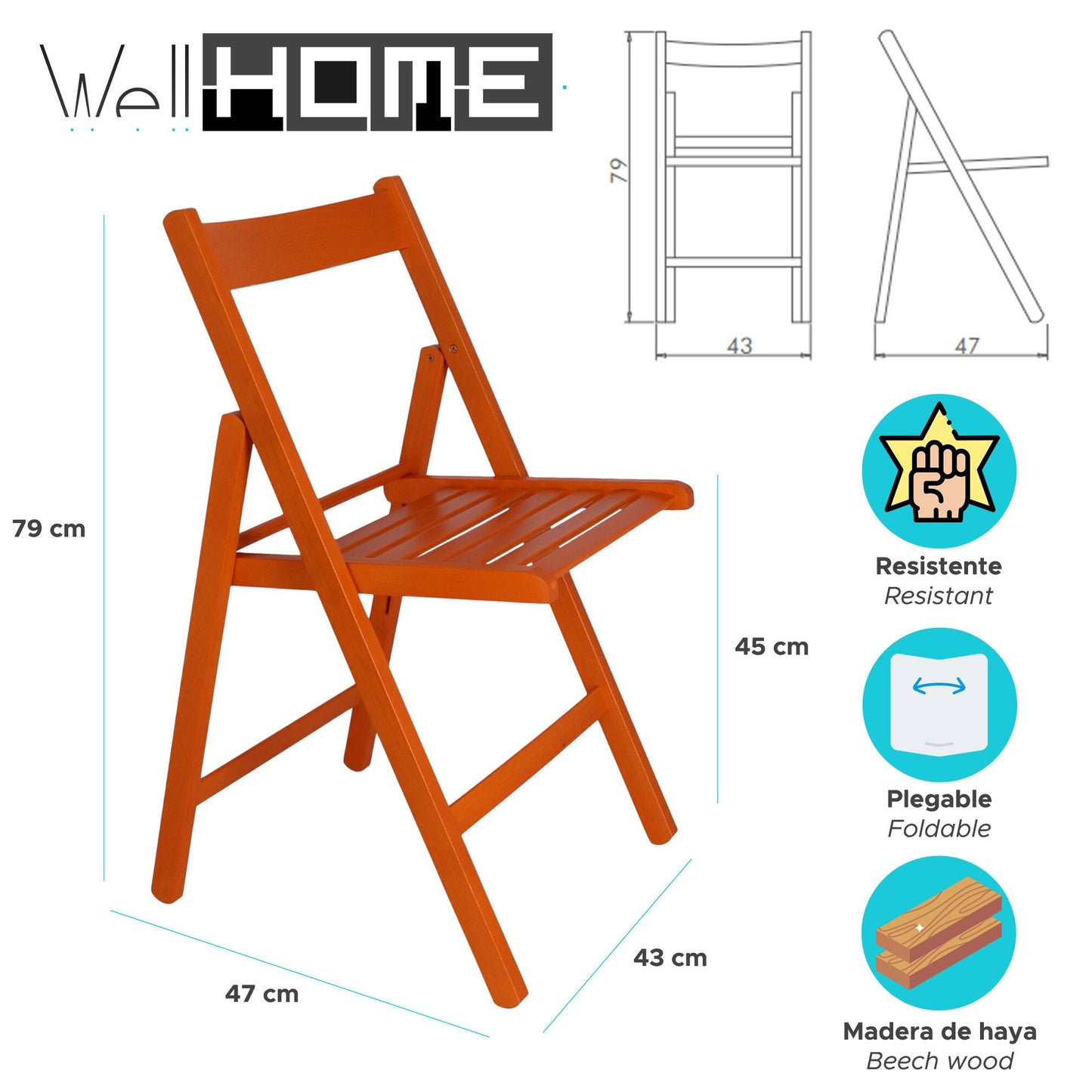 Well Home Mobiliario & Decoración - Pack 4 Sillas Bas En Madera De Haya, Acabado Naranja_1