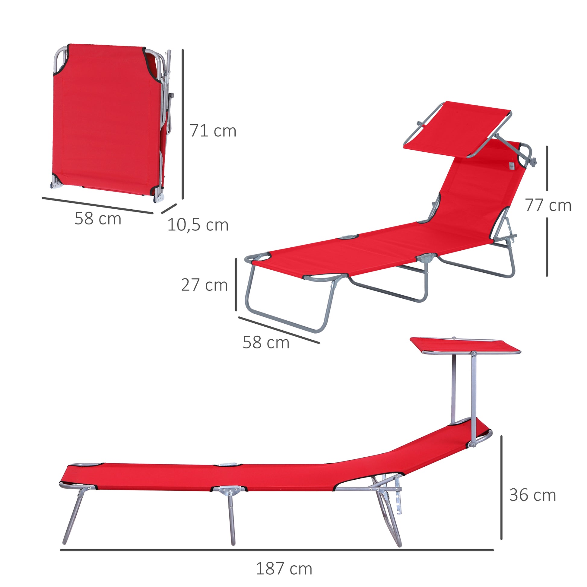 Outsunny Set De Tumbonsa Plegables Con Toldo Desmontable Respaldo Ajustable Rojo_2