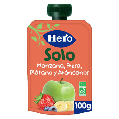 Saco de fruta 100% biológica com sabor a maçã, morango, banana e mirtilo, 100g. Herói Solo