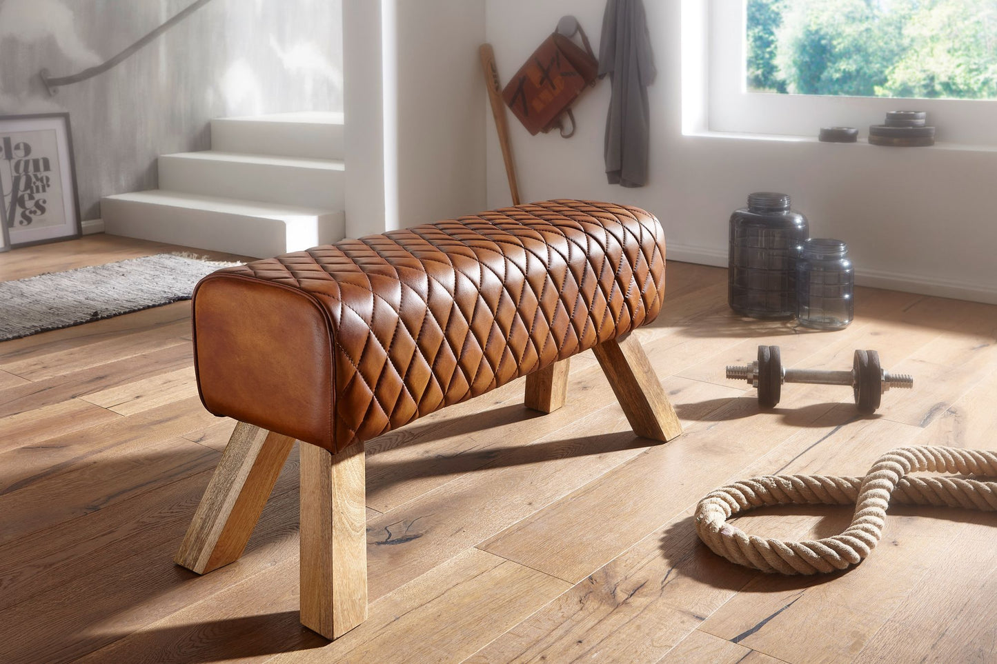 Banco Cuero Y Madera Maciza 89x46x35 Cm_2