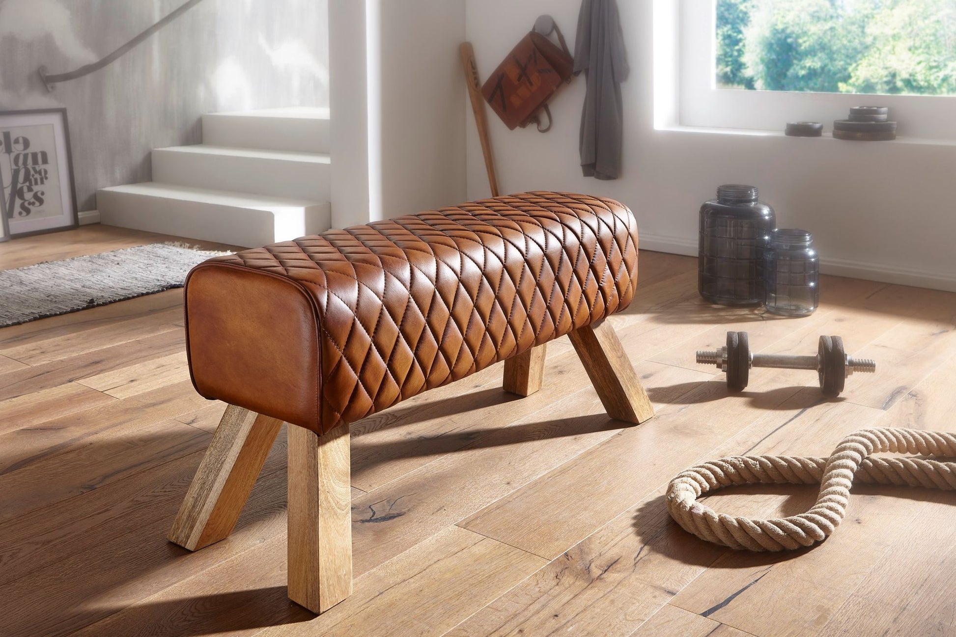 Banco Cuero Y Madera Maciza 89x46x35 Cm_2