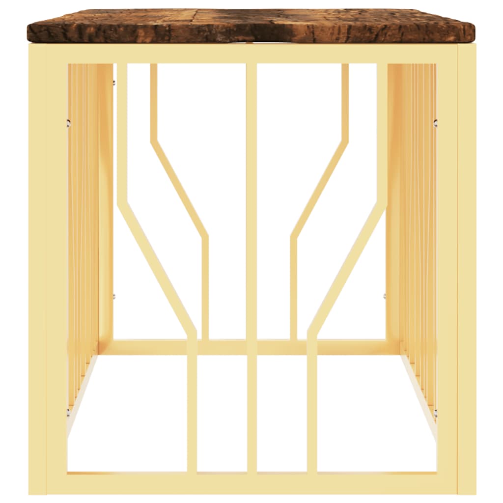 Mesa De Centro Acero Inoxidable Madera Maciza Reciclada Dorada_2
