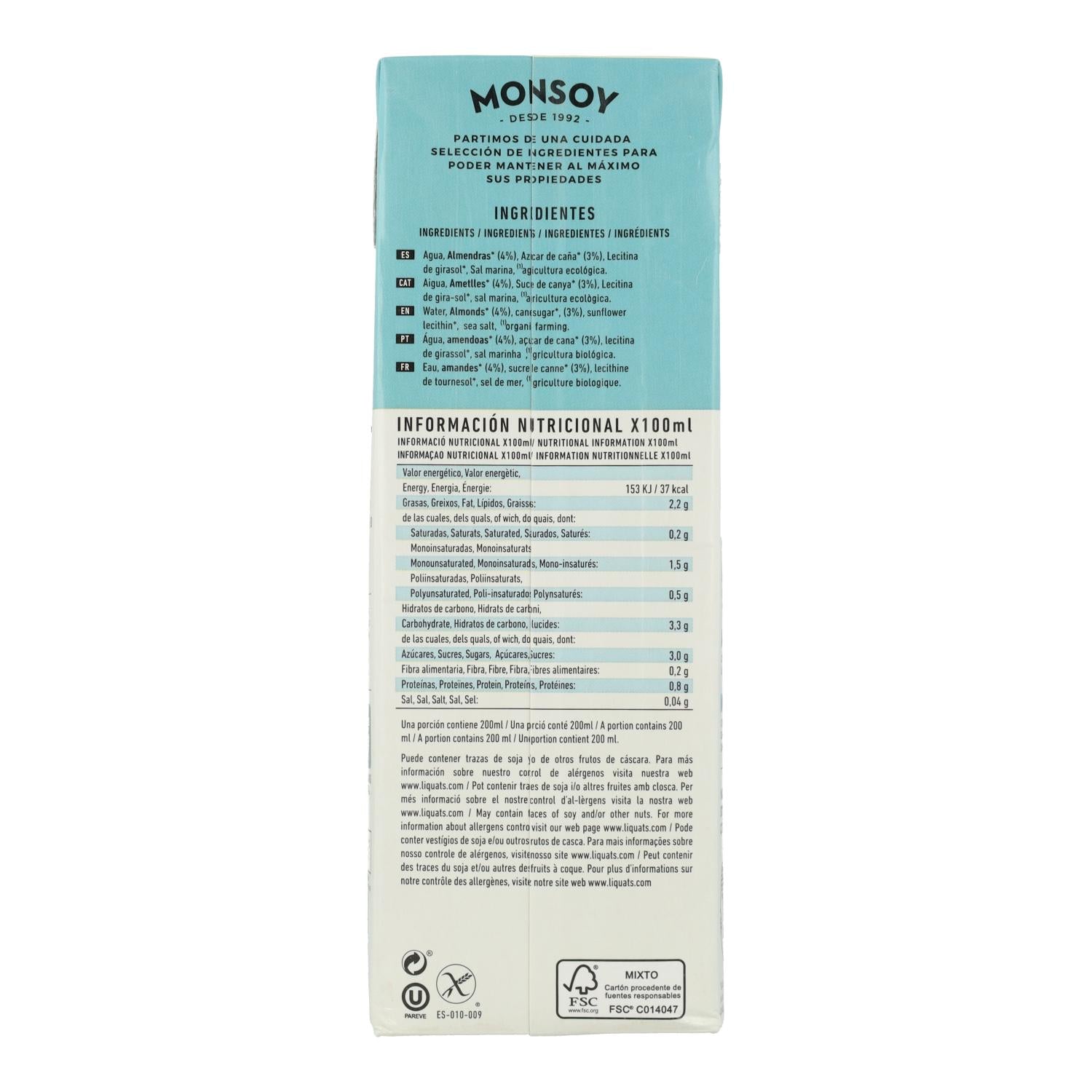 Pack 6 uds Bebida Almendra BIO Monsoy 1 L