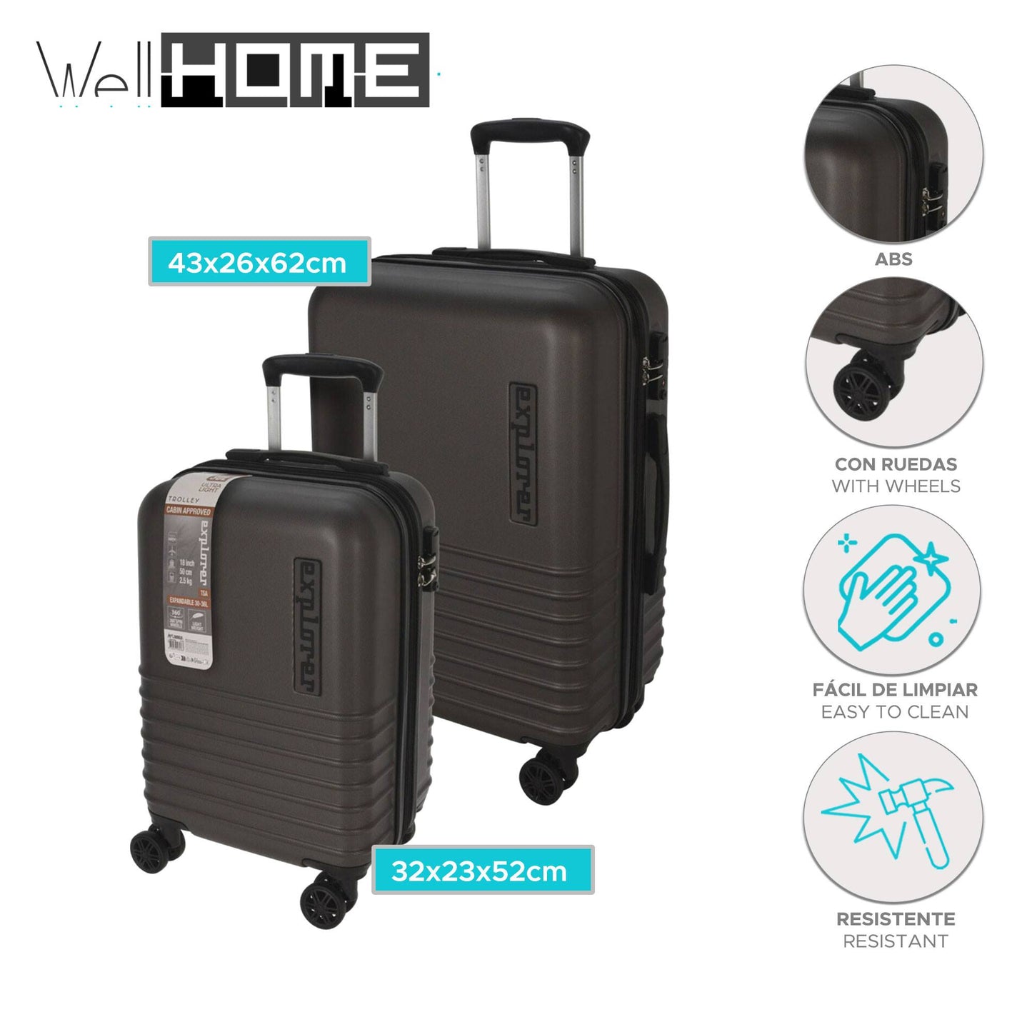 Well Home Juego De 2 Maletas Abs Trolley De 18'' Y 22'' Color Gris_1