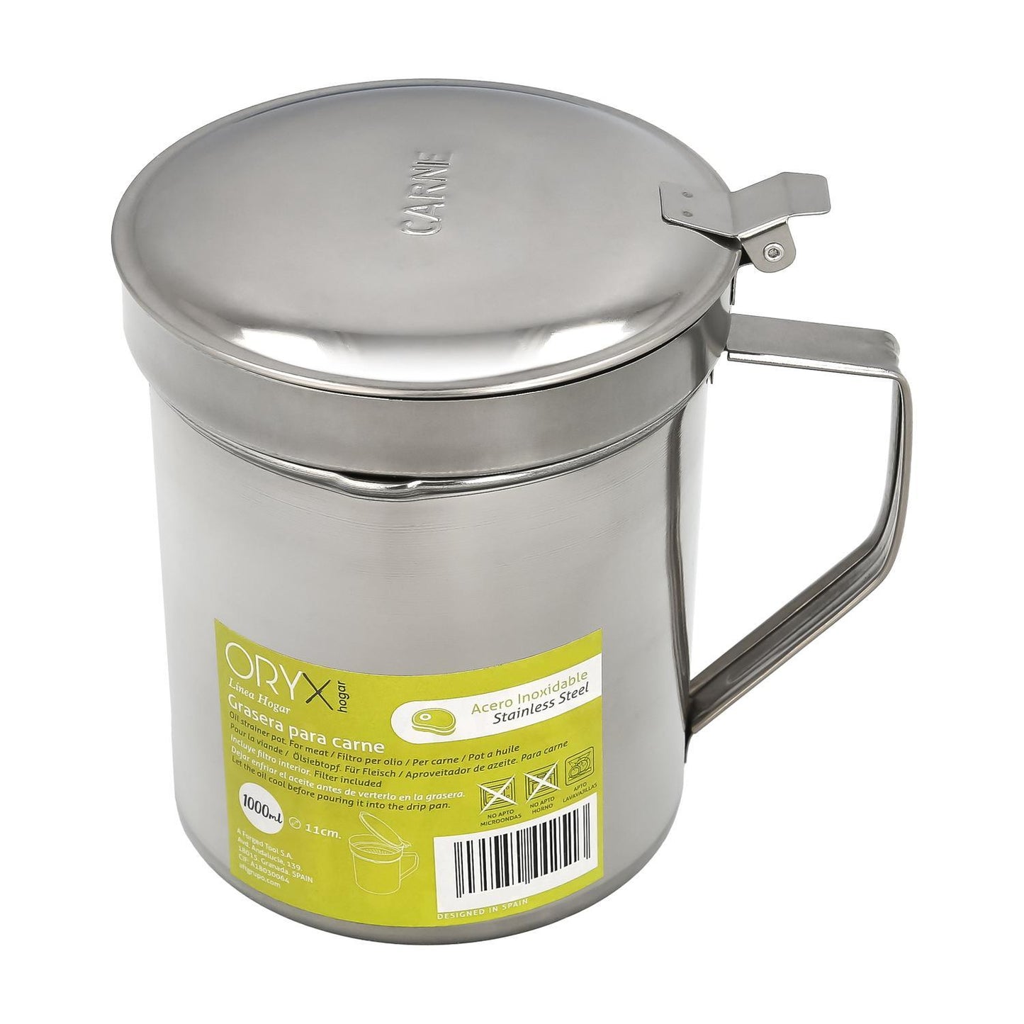 Grasera Acero Inoxidable Para Carne, Aceitera Aceite Usado 1,0 Lts. Con Colador Y Tapa, Recipiente Reciclaje Aceite Usado Carne_0