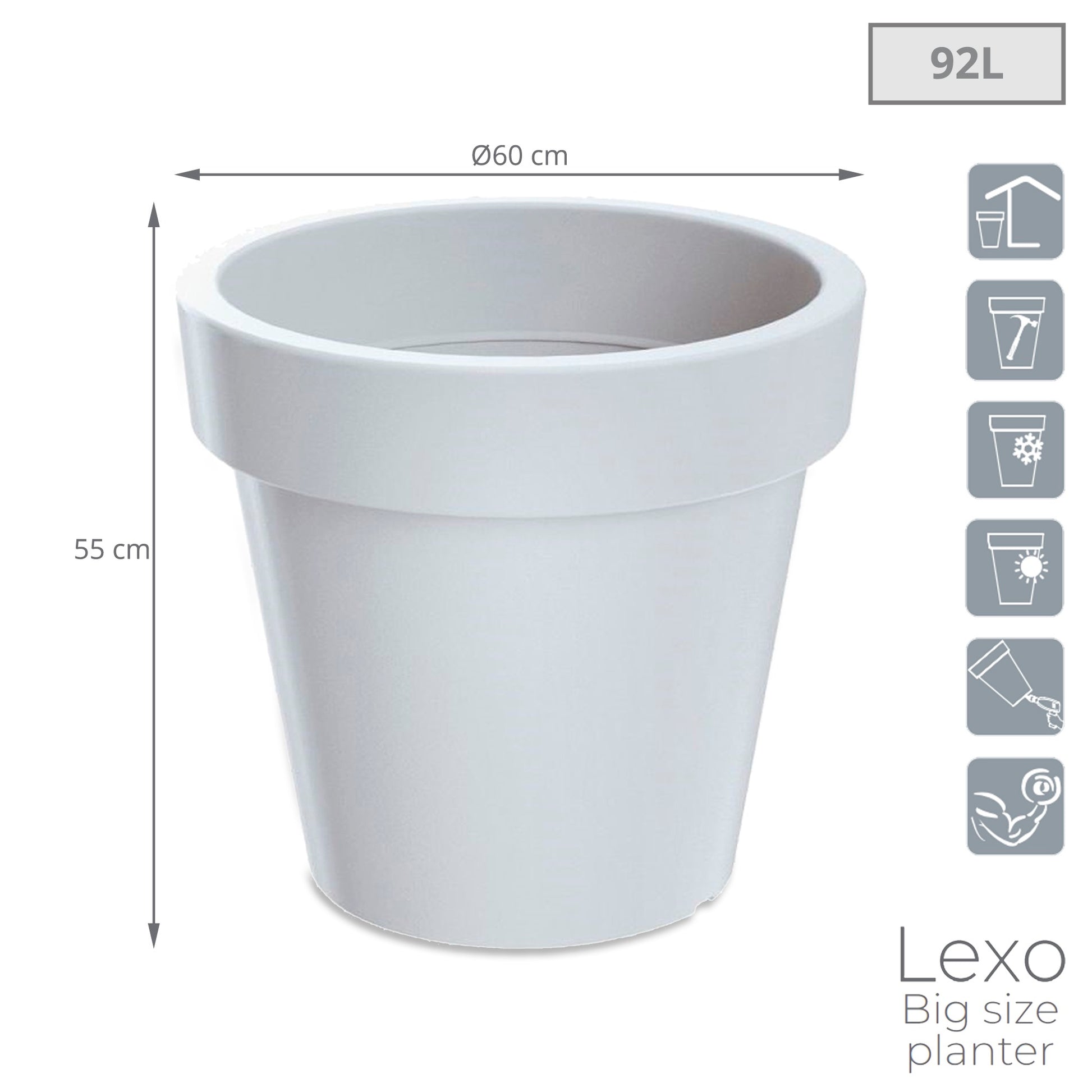 Maceta Lexo Round 92l., Dimensiones (mm) 600x600x550, Color Blanco