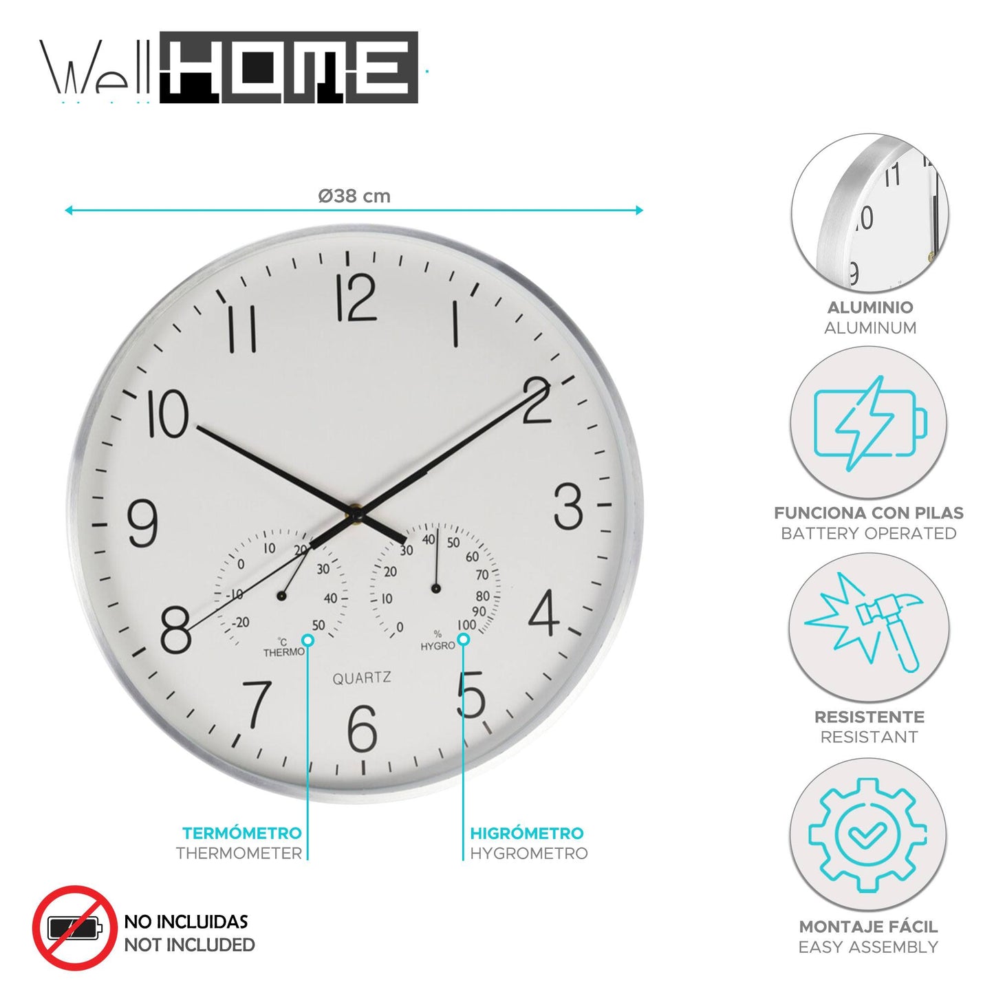 Well Home Reloj De Pared De Diseño Moderno Con Termómetro E Higrómetro Ø38cm_1