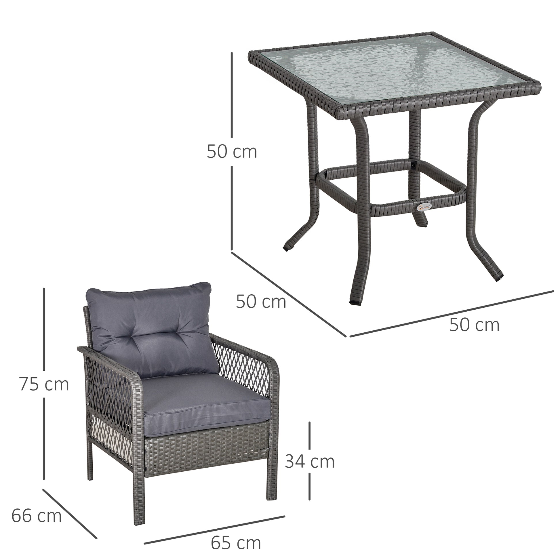 Outsunny Conjunto De Muebles De Ratán Jardín 2 Sillones Y Mesa De Vidrio Gris_2