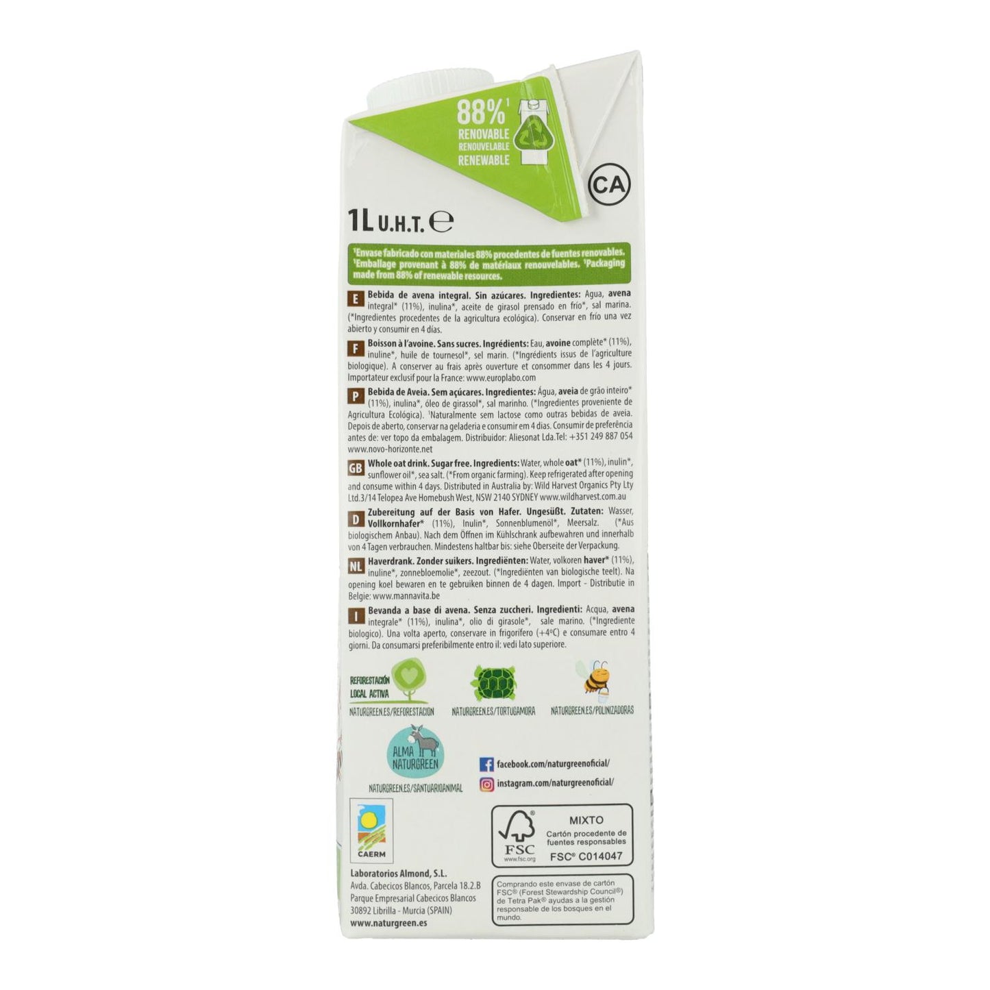 Embalagem de 6 unidades de Bebida de Aveia Integral 0% Açúcares Bio NaturGreen 1 L