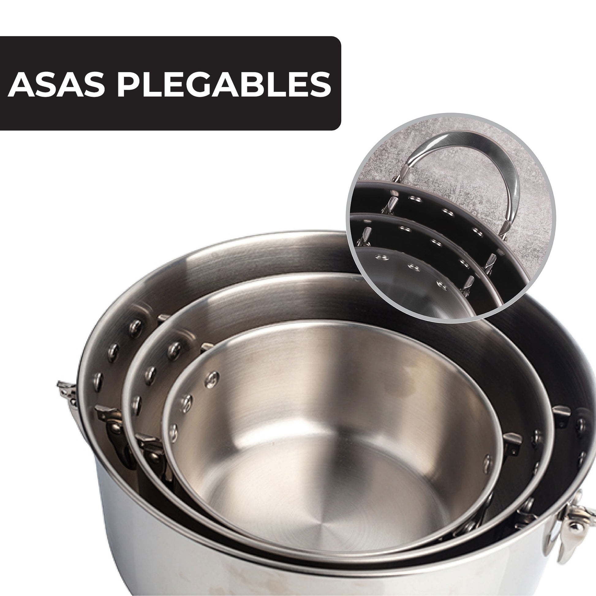 Set De Batería De Cocina En Acero Inoxidable + 3 Sartenes Ø18ø22ø26cm En Aluminio Prensado + 5 Boles De Cristal Con Tapas San Ignacio_5