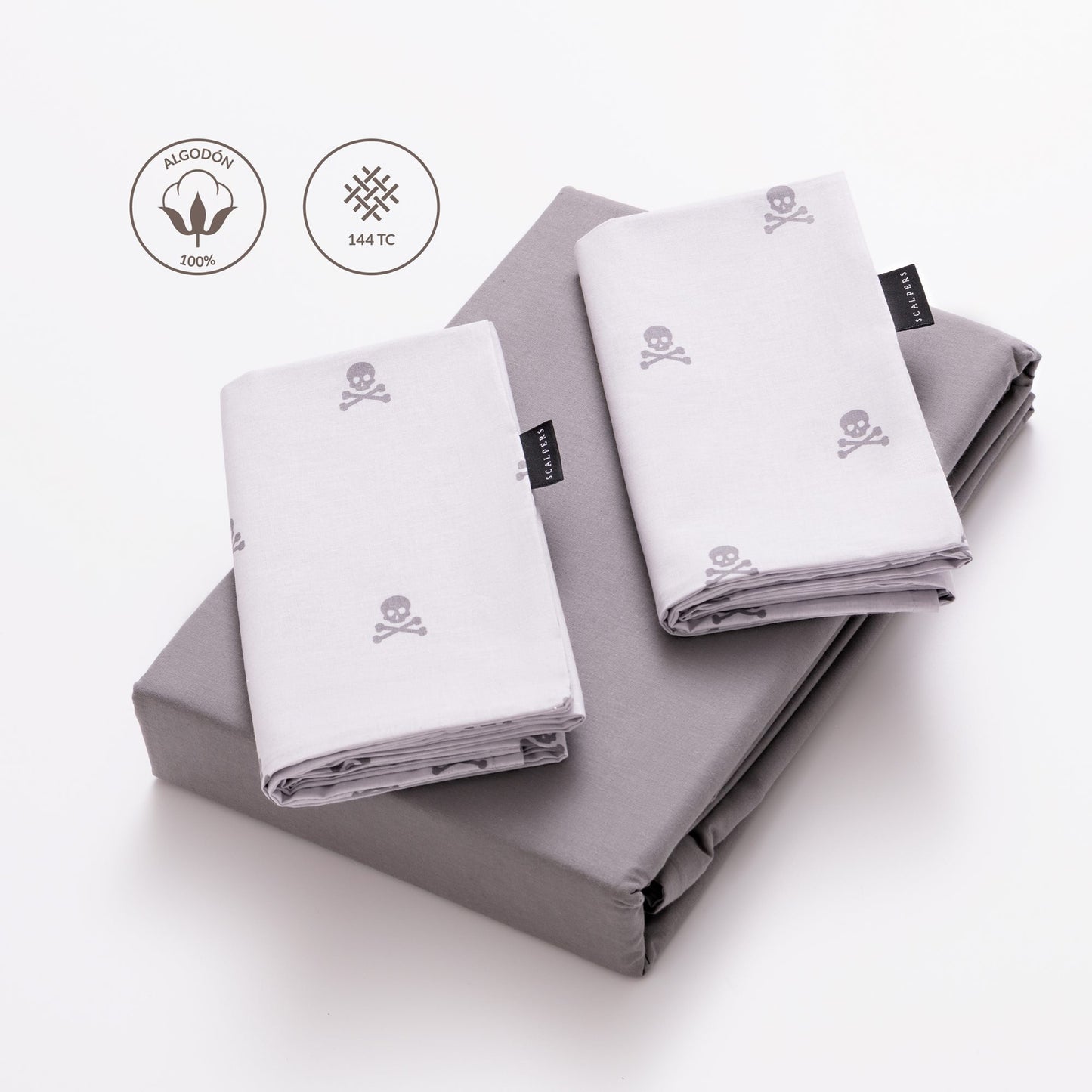 Set Cama (funda Nórdica 250x230cm + 2 Fundas Almohada 50x85cm) 100% Algodón 144tc Gris Oscuro & Gris Claro Calaveras Scalpers Home_1