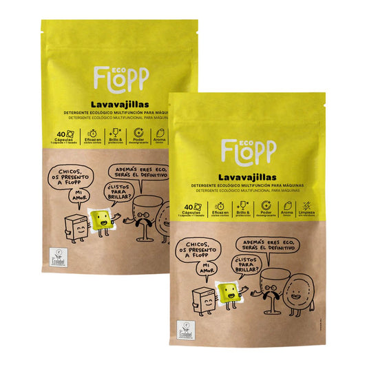 Embalagem de 2 x ECO Flopp Gel para máquina de lavar louça 40 cápsulas