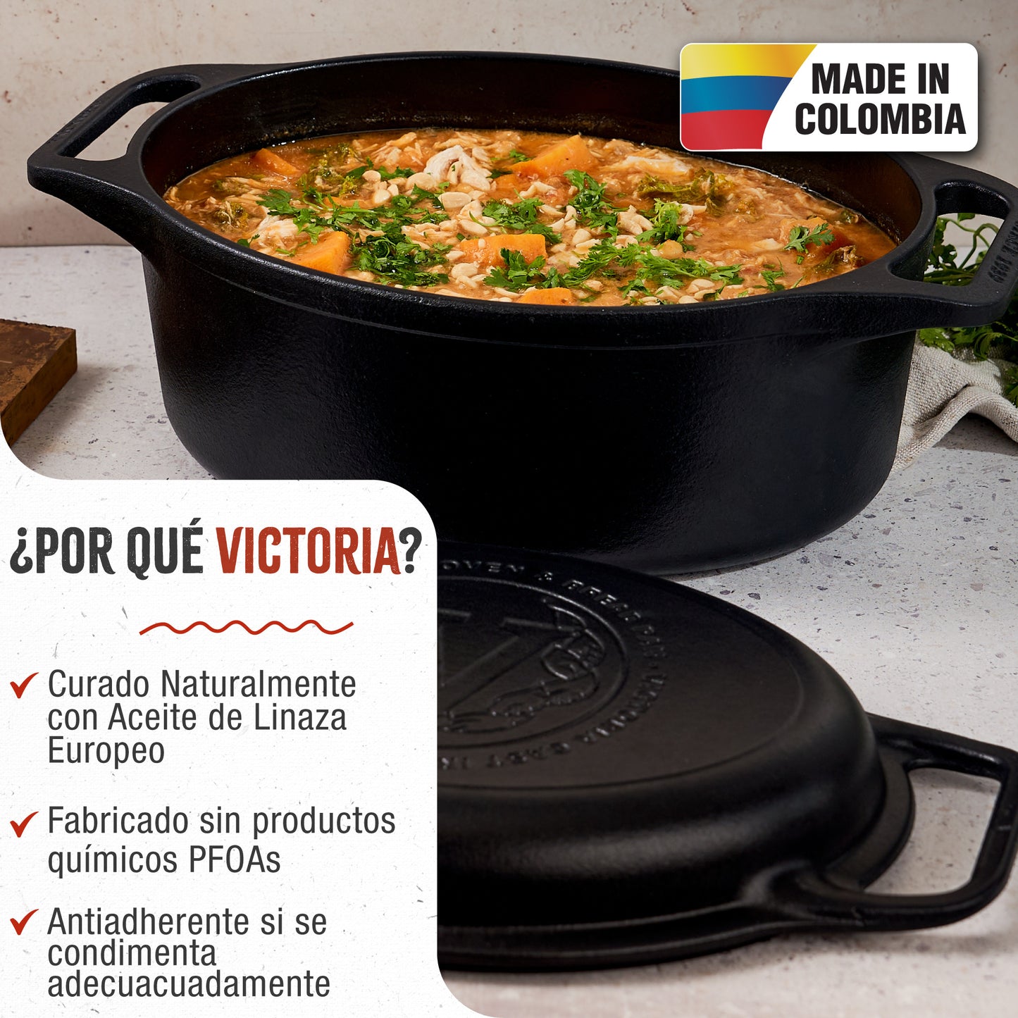 Victoria Horno Holandés Olla Inducción Hierro Fundido Curado 31cm, Tapa - Sartén, 5,7l, Sin Ptfe, 38847, Negro_1
