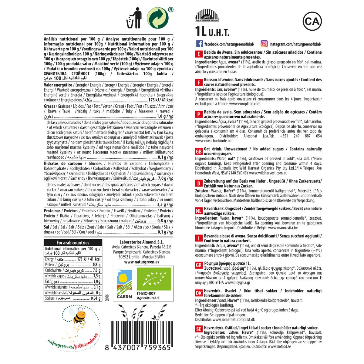 Bebida de Aveia Sem Açúcar NaturGreen 1 L