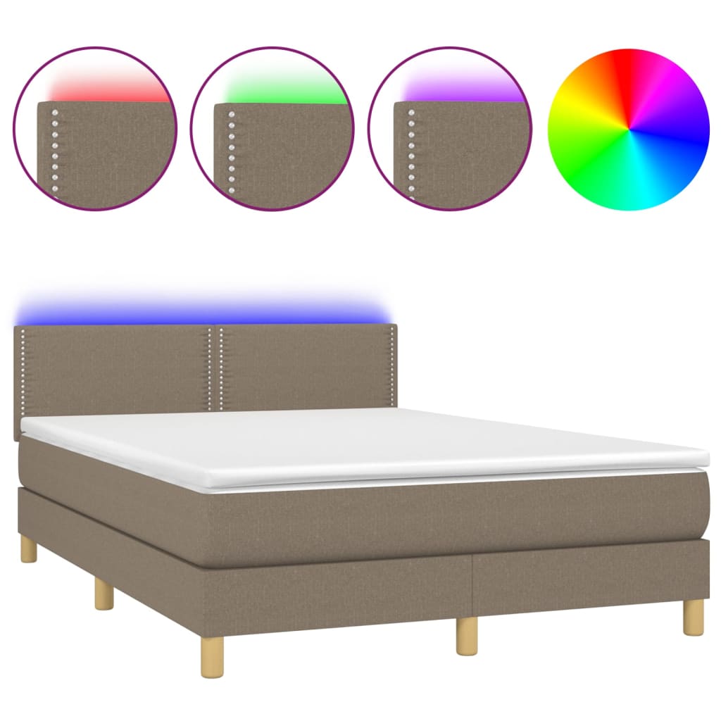 Cama Box Spring Colchón Y Luces Led Tela Gris Taupe 140x190 Cm / Vetonek_0