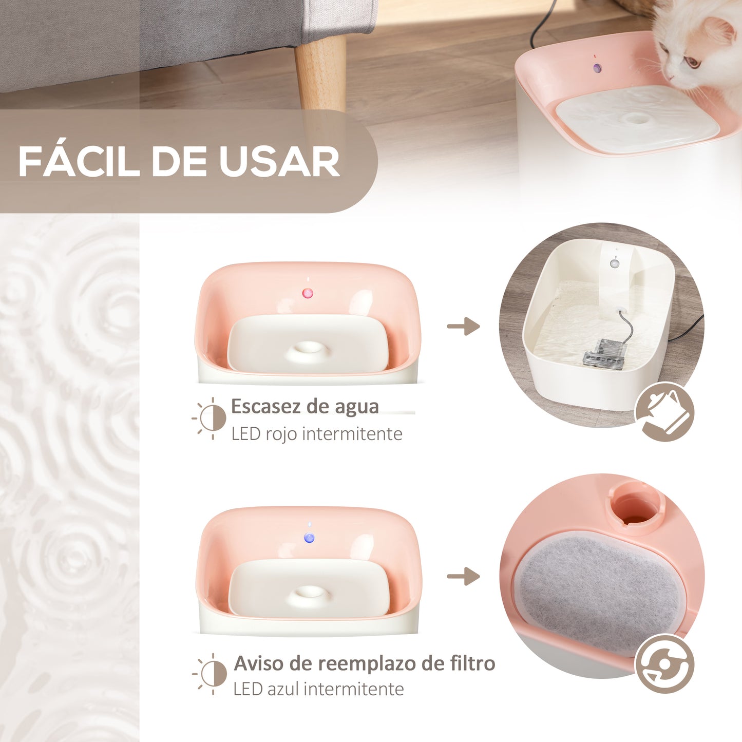 Pawhut Fuente De Agua Para Gatos 3l Con Sensor Infrarrojos 3 Modos Luz Led Rosa_5