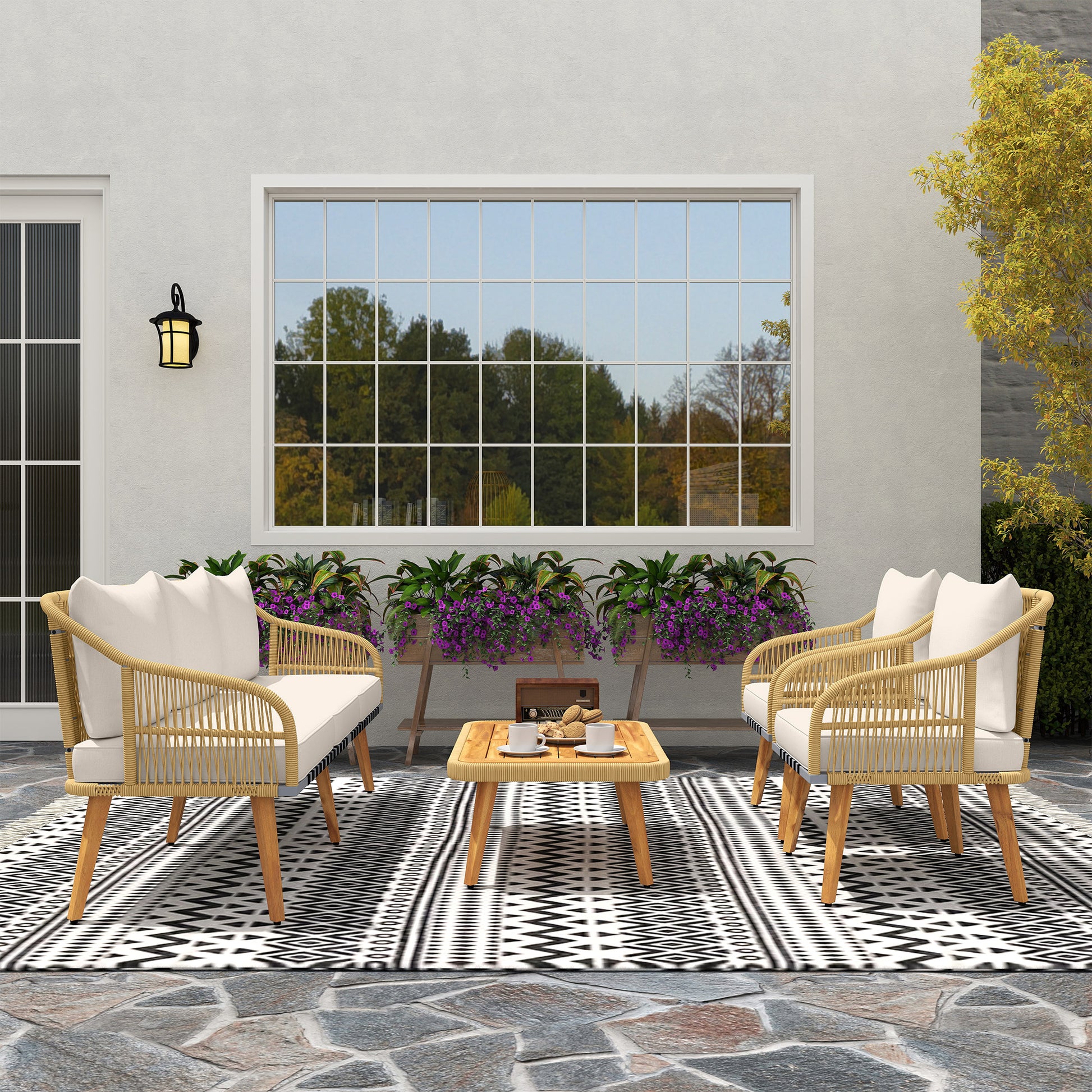 Outsunny Conjunto Jardín Exterior De Ratán Con Cojines Patas De Madera De Acacia_3