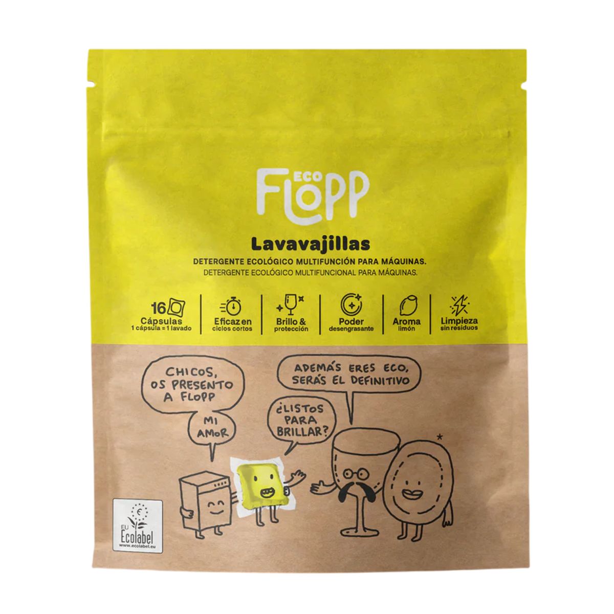 Embalagem de 2 detergentes em gel para máquina de lavar louça ECO Flopp, 16 cápsulas
