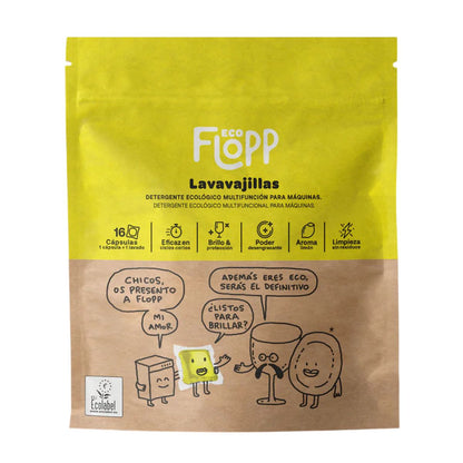 Embalagem de 2 detergentes em gel para máquina de lavar louça ECO Flopp, 16 cápsulas