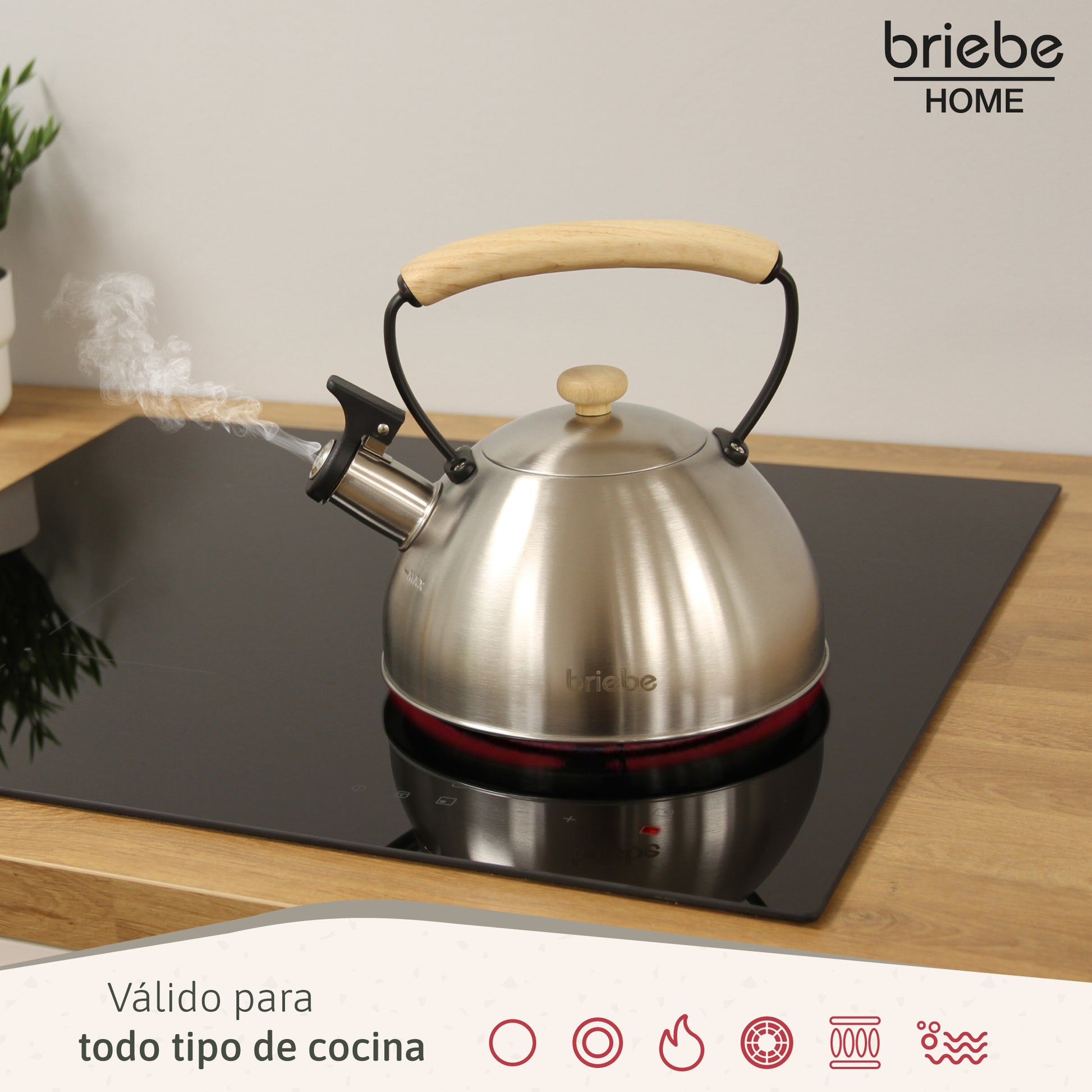 Briebe Tetera Con Silbato, Hervidor De Agua 2,3l, Inducción, Acero Inox, Vintage, Mango Madera, Wooden, Acero Inox_2