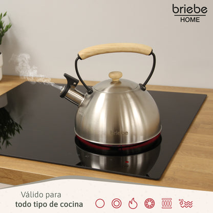 Briebe Tetera Con Silbato, Hervidor De Agua 2,3l, Inducción, Acero Inox, Vintage, Mango Madera, Wooden, Acero Inox_2