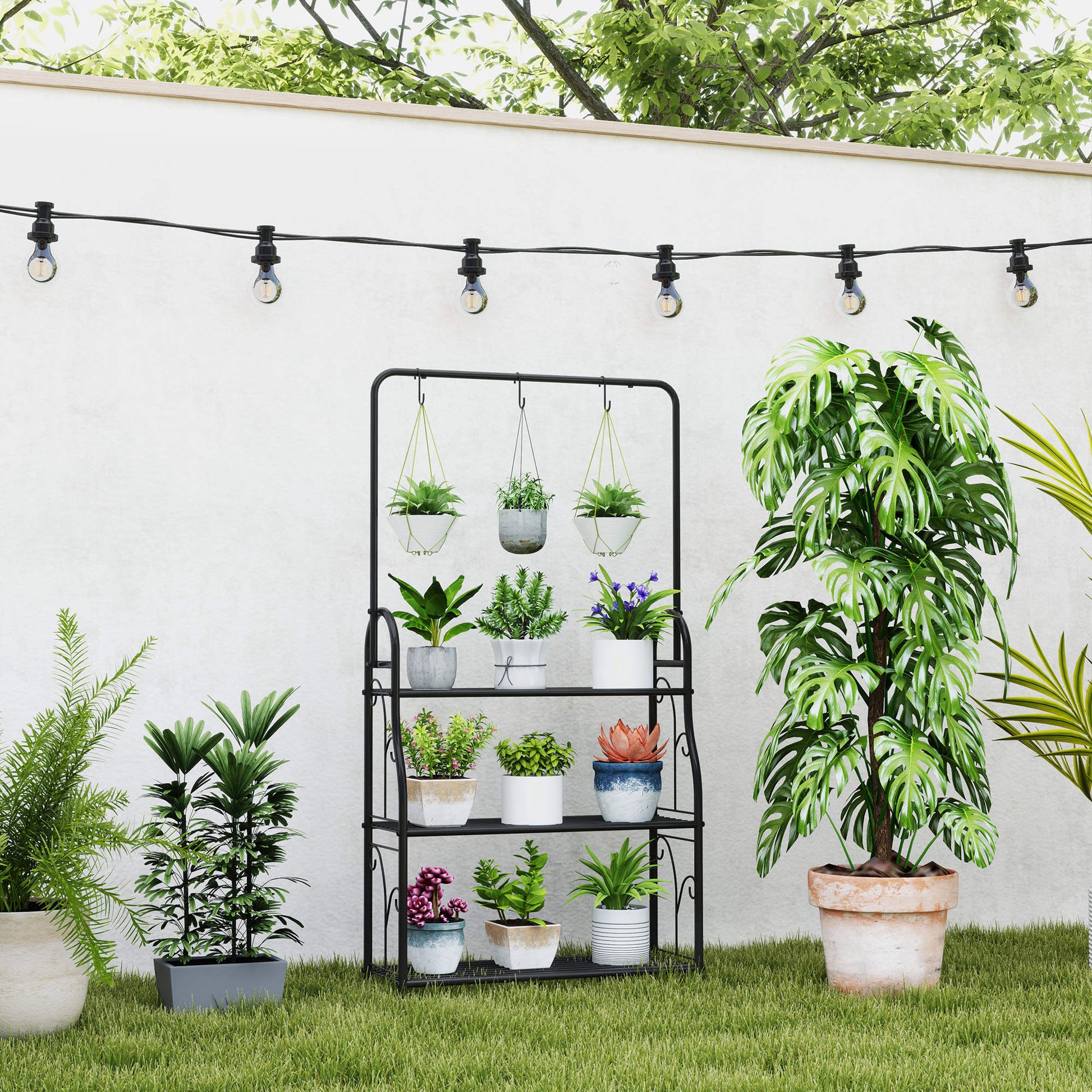 Outsunny Soporte Para Plantas De 3 Niveles Con Ganchos Barra Para Colgar Negro_1