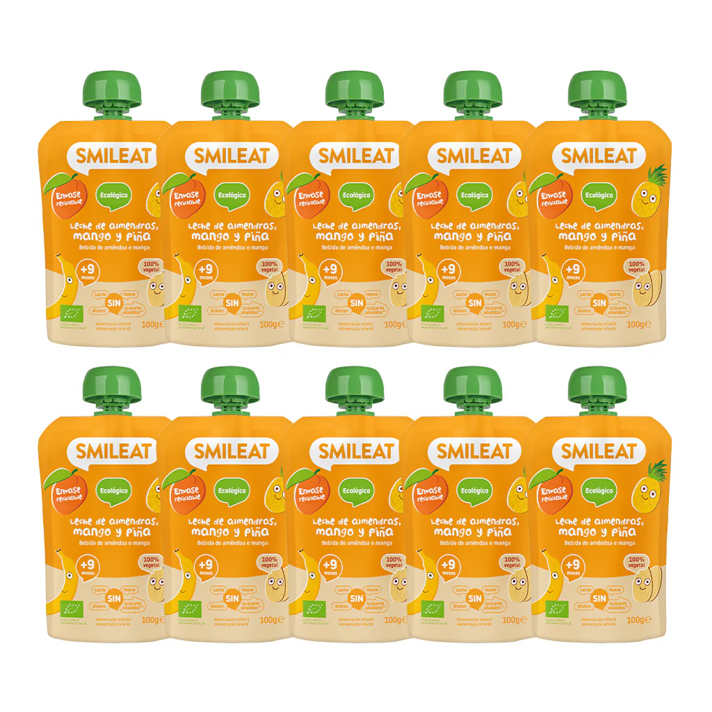Embalagem com 10 saquetas de leite de amêndoa, manga e ananás Smileat ECO 100g