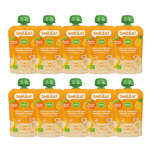 Embalagem com 10 saquetas de leite de amêndoa, manga e ananás Smileat ECO 100g