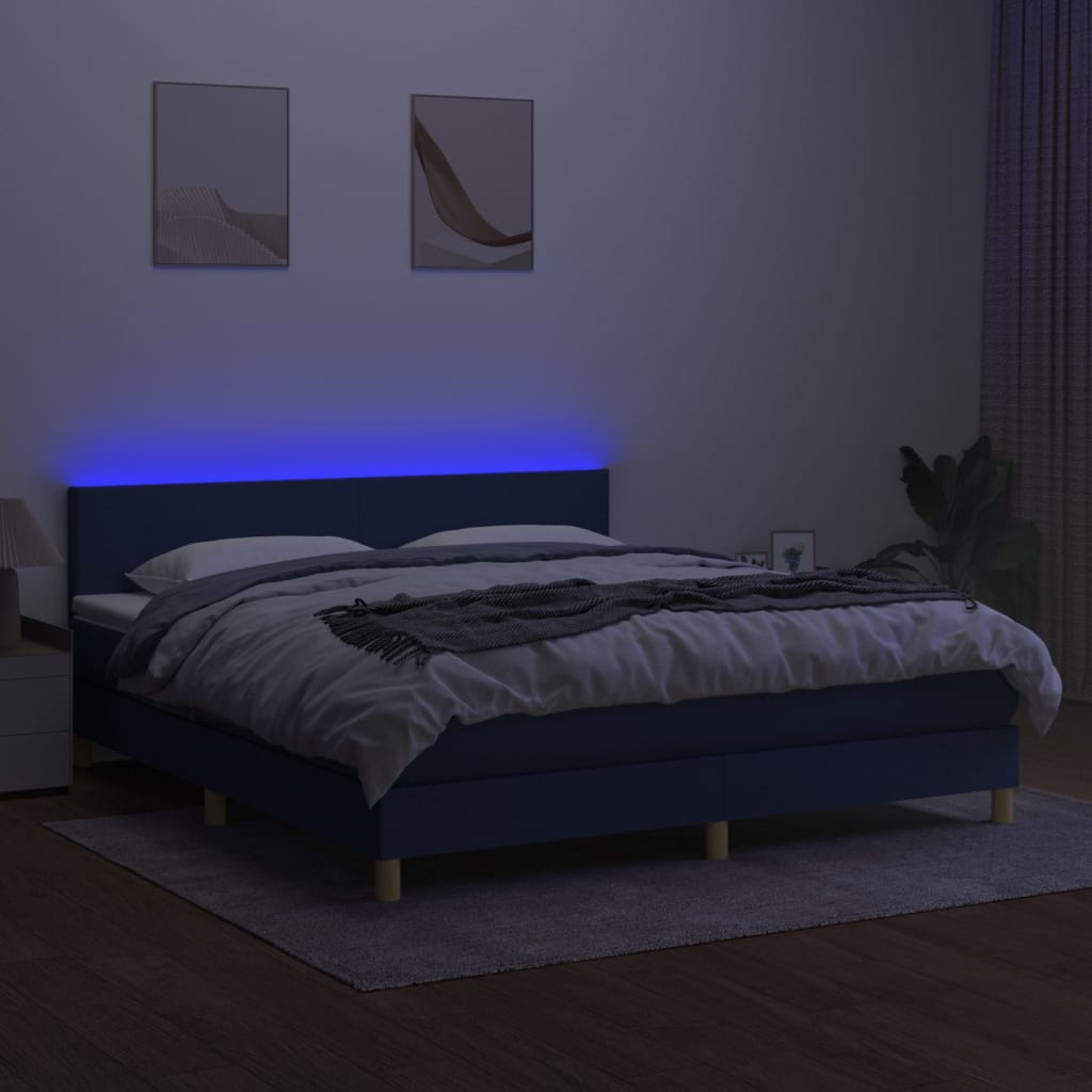 Cama Box Spring Con Colchón Y Led Tela Azul 180x200 Cm / Vetonek_3