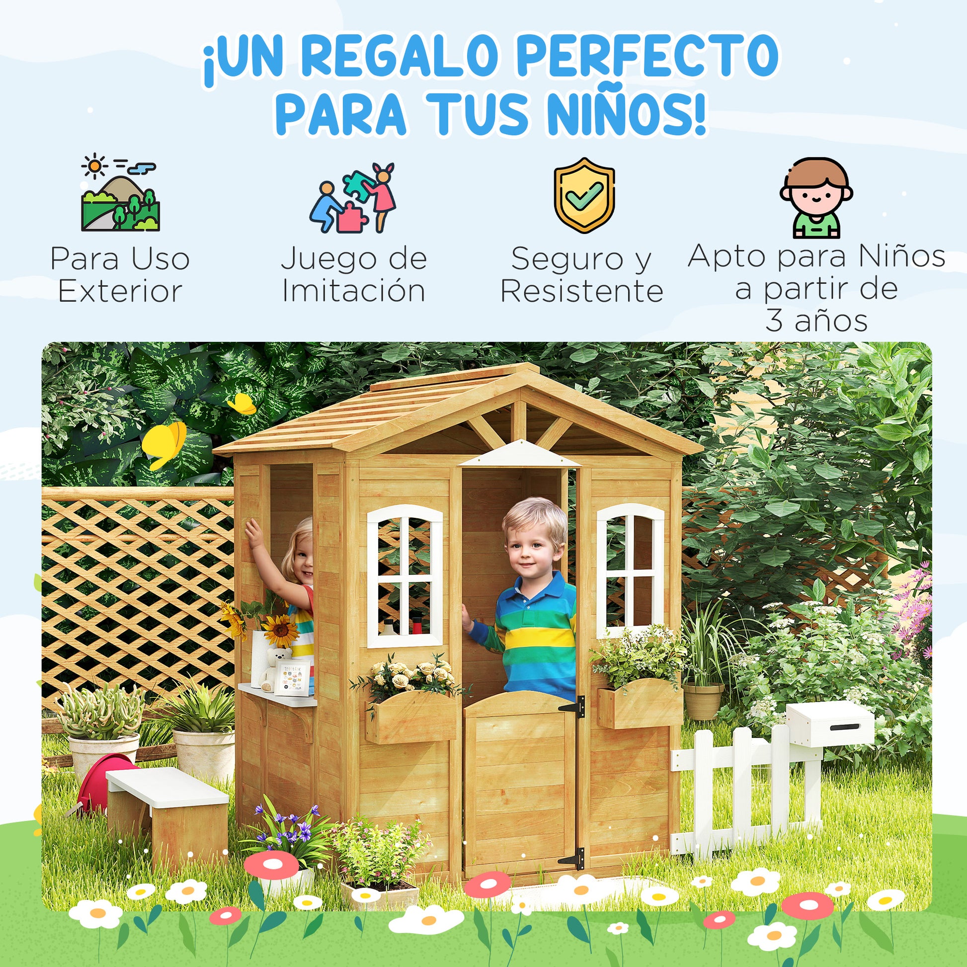 Outsunny Casita Infantil Exterior De Madera 205x119x140cm Para +3 Años Natural_5