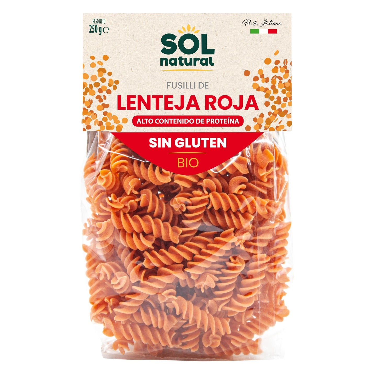 Fusilli de Lentilha Vermelha Biológica Sem Glúten Sol Natural 250g